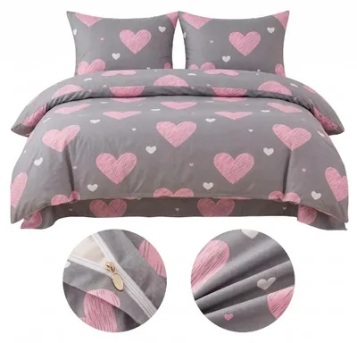 Zdjęcie produktu dla Pościel 160x200 + 2 70x80 poduszki - Komplet Szara z Serduszkami Pink Heart