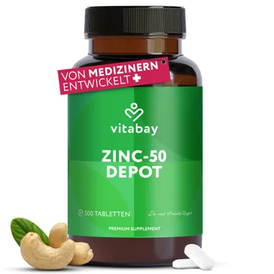 Produktbild von Vitabay Zink 50 mg Hochdosiert – 500 vegane Tabletten – Zinkgluconat Depot – Vegan & ohne unnötige Zusatzstoffe – Für über 18 Monate