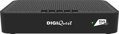A black satellite receiver box is shown from the front on a white background.