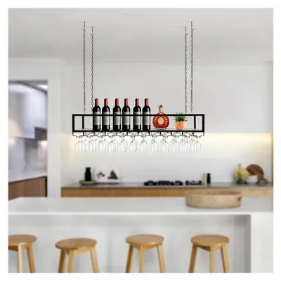 Produktbild von Weinregal Deckenregal, 100/110/120Cm HäNgendes Weinglasregal, HäNgendes Weinregal Mit Glashalter Und Regal, Verstellbarer Industrieller HäNgender Weinflaschenhalter FüR Bar Restaurant Cafe (120CM)