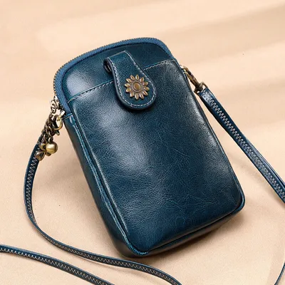 Produktbild von Handytasche Umhängetasche aus Leder für Mädchen, Handytasche mit abnehmbarem Gurt und Fächern,Blau