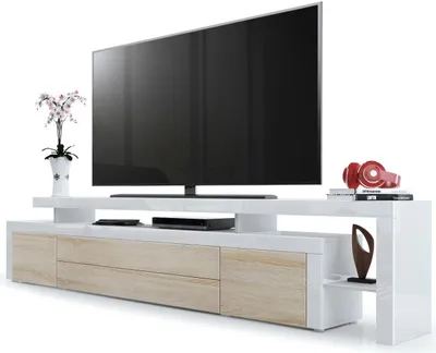Produktbild von Vladon TV Board Lowboard Leon V3,  Germany, Korpus und Überbau in Weiß Hochglanz / Front in Eiche sägerau mit Rahmen in Weiß Hochglanz (227 x 52 x 35 cm)