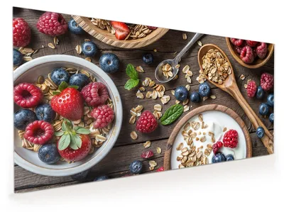 Produktbild von Küchenrückwand Spritzschutz Glas mit Motiv Beeriges Müsli 40 x 40 cm
