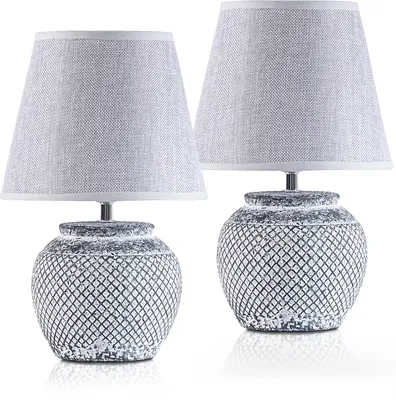 Produktbild von 2er Set BRUBAKER Tisch- oder Nachttischlampen 30,5 cm Keramik Lampenfüße zweifarbig Grau und Leinen Schirme Hellgrau