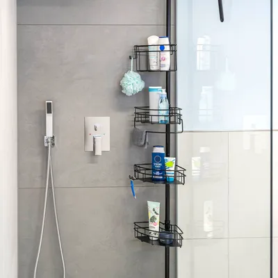 Obrázok produktu pre bremermann teleskopická rohová polica, 4 koše, 2 háčiky, teleskopická tyč do max. cca 290 cm, výškovo nastaviteľná sprchová polica z ušľachtilej ocele, upínacia polica bez vŕtania, kúpeľňová polica čierna