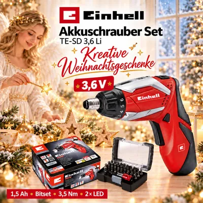 Produktbild von Einhell Akkuschrauber Set TE-SD 3,6 Li- 3,6 V, 1,5 Ah, 3.5 Nm Drehmoment, 2x LED-Licht, inkl. Ladegerät, 32 tlg. Bitset, Aufbewahrungsbox