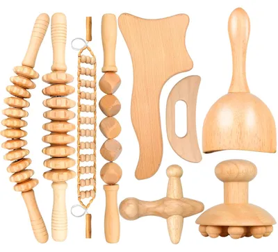 Immagine prodotto di Set massaggio in legno - 9 pezzi - Legno naturale - Rullo massaggiante e coppette