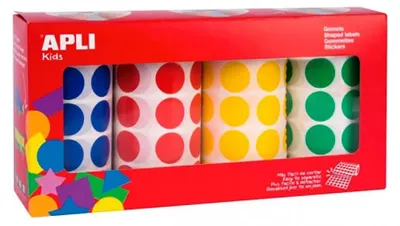 Imagen del producto de Apli Kids - Pegatinas para niños, círculos XL, diámetro de 20 mm, caja con 4 rollos en 4 colores