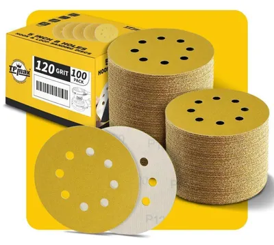 Image de Disques abrasifs de 125 mm, 8 trous, grain 120, avec velours, lot de 100, pour ponceuses excentriques, adaptés au bois, au métal et à l'automobile