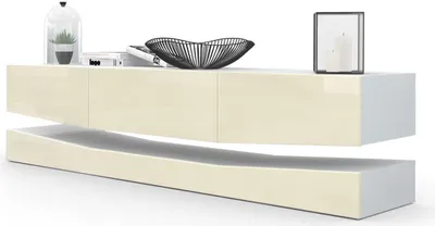 Produktbild von Vladon Lowboard City, Germany, TV-Kommode mit Sockelelement, 1 offenem Fach und 3 Schubkästen, Weiß matt/Creme Hochglanz (178 x variabel x 39 cm)