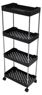 Image de Chariot à roulettes élargi en PP et acier inoxydable, 4 étages, avec roulettes, pour salle de bains, toilettes, salon et cuisine, noir