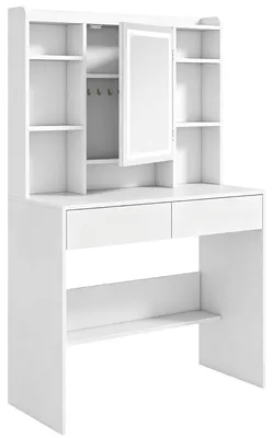 Produktbild von Schminktisch mit Spiegel und LED-Beleuchtung, Frisiertisch mit 2 Schubladen, offenen Fächern und 8 Haken, Weiß