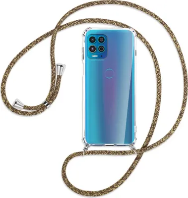 Produktbild von Handykette Backcover-Schutzhülle mit Band (Metall silberfarben) für Motorola Moto G100 - braun+beige