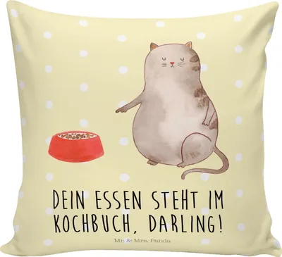 Produktbild von Mr. & Mrs. Panda Dekokissen Katze Fressen - Gelb Pastell - Geschenk, Sofakissen, Polster, Sofa, kissen für, kuschelkissen 40x40, bedruckt