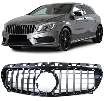Obrázek produktu pro Sportovní maska chladiče, černá lesklá s chromovanými detaily, pro model Mercedes-Benz A-třídy W176, předfaceliftový model, roky výroby 2012-2015