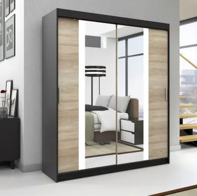 Produktbild von Schwebetürenschrank, 2-türig Schrank! Moderne Garderobe für Kleidung. Verschiedene Farben (Weiß, Schwarz, Somona) Kleiderschrank BRUNI  120 cm