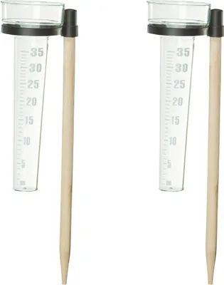 Immagine prodotto di Set di 2 pluviometri Relaxdays, con asta, misuratore di precipitazioni da giardino, scala 35 mm/m², plastica e legno, colore naturale/trasparente