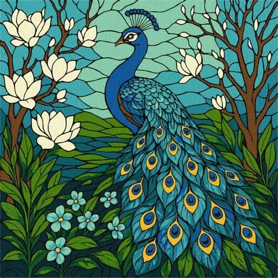 Image de Peinture par numéros - Vitrail. Paon 30 x 30 cm - Ideyka