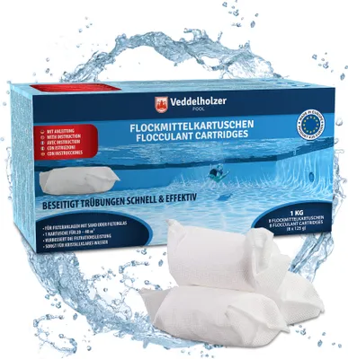 Produktbild von Veddelholzer 1 kg Flockmittel Pool Kartuschen 8 x 125g für Filteranlagen Sand & Glas. Pool Flockungsmittel als Poolreiniger, Poolklar, Poolpflege, Pool Zubehör für klares Wasser.