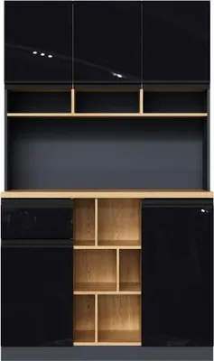 Produktbild von Moderner Kuechenschrank 105x45x185cm Buffet Sideboard Grau Schwarz Metallgriffen Verstellbare Regale Schubladen Offener Stauraum Buffetvitrine