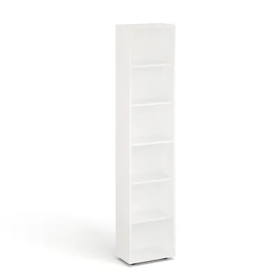 A tall, narrow white bookshelf with six shelves is shown against a white background.