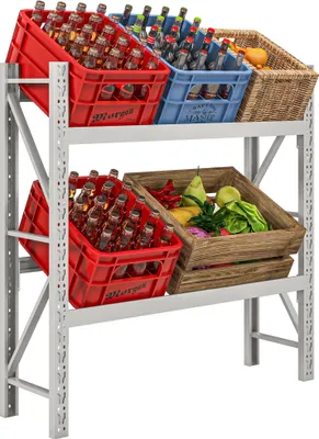 Obrázek produktu pro HOMCOM Stojan na přepravky na nápoje pro 6 přepravek, volně stojící stojan na nápoje s nastavitelnou výškou police, 110 x 30 x 110 cm Stojan na přepravky, ocel, bílá barva