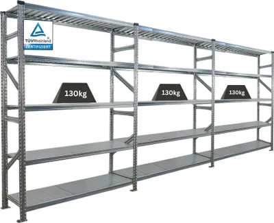 Produktbild von Fachbodenregal PROXIMO mit Stecksystem | Komplettregal | HxBxT 200x450x50cm | 5 Ebenen | Fachlast 130 kg | Beidseitig nutzbar | Verzinkt