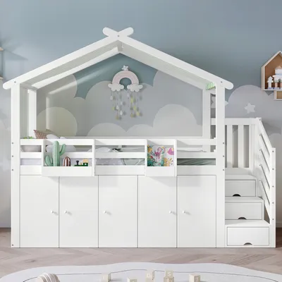 Produktbild von Flieks Etagenbett 90x200cm mit Schrank, Kinderbett Hausbett mit Bettvorhang, Hochbett mit Treppe und Schubladen, Stockbett Holzbett, Weiß