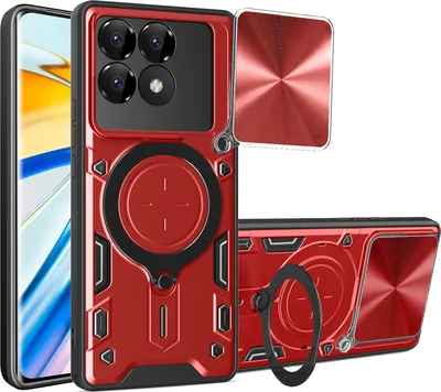Produktbild von Handyhülle für Xiaomi Poco F6 Pro/Redmi K70 /K70 Pro Dual-Layer Stoßfest Rüstung Hülle mit Dia Kameraschutz und Kreisförmig Ring Ständer Rot