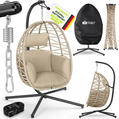 Produktbild von tillvex® Hängesessel mit Gestell Outdoor & wetterfester Abdeckung inkl. Befestigung | Hängekorb klappbar bis 150 kg | Hängesitz aus Rattan | Hängestuhl für Indoor Garten Balkon Terrasse