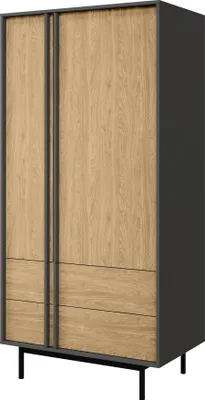 Produktbild von MIRJAN24 Kleiderschrank Alsy 2S2D REG 1, Kleiderschrank mit zwei Drehtüren und zwei Schubladen, Schwarze Metallfüße (Farbe: Anthrazit / Geölte Eiche)