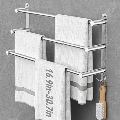 Immagine prodotto di Portasciugamani estensibile in acciaio inossidabile Ibenzoa® – 3 barre, regolabile da 43 a 78 cm, argento, da montare a parete (con nastro adesivo 3M o viti)