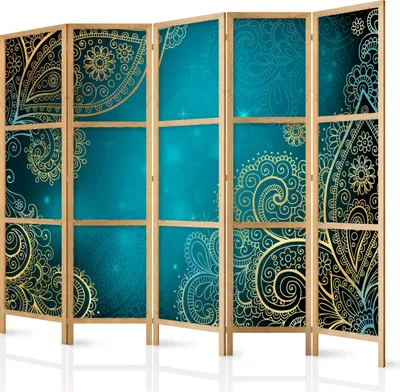 Produktbild von Paravent Blätter XXL 225x171 cm 5-teilig einseitig eleganter Sichtschutz Raumteiler Trennwand Raumtrenner Holz Design Motiv Deko Home Office Botanik Natur f-A-0146-bh-c
