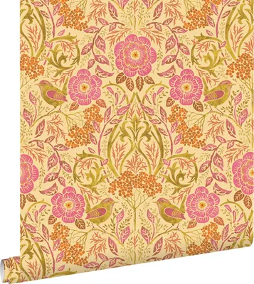 Zdjęcie produktu dla ESTAhome Tapeta kwiaty i ptaki w stylu secesyjnym żółtymIfuksji różu 50 x 900 cm