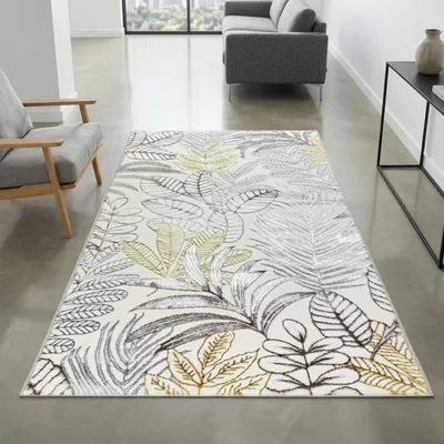 Immagine prodotto di Tappeto a pelo corto a foglie color crema dall'aspetto lucido, moderno e resistente per il soggiorno e la camera da letto Dimensioni - 60 x 110 cm