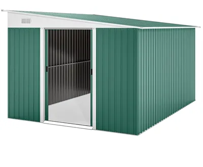 Produktbild von Gartenhaus aus Metall mit Doppeltüren | Farbe: Grün | Abmessungen: 345x280x201 cm