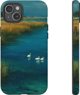 Produktbild von Blaue Lagune mit Schwänen und Gräsern – Hülle Kompatibel mit iPhone 15 Plus