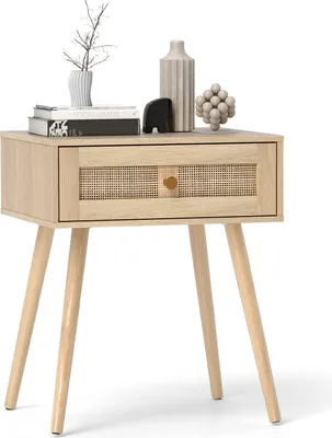 Zdjęcie produktu dla Stolik nocny COSTWAY z polirattanu, szafka nocna z szufladą i nogami z litego drewna, stolik boczny, stolik pod sofę, konsola nocna w stylu boho 48x40x58cm nature