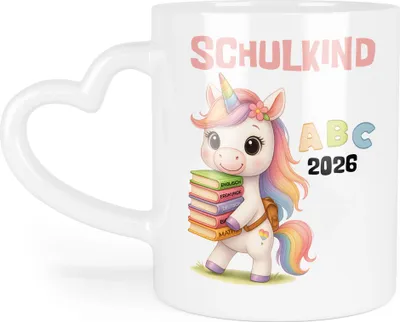 Produktbild von Schulkind 2026 Tasse Herzhenkel Einhorn – Geschenkidee Einschulung, Kinder-Tasse mit Herzgriff für Mädchen Erstklässler