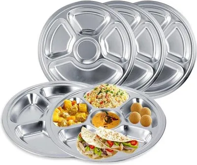 Produktbild von Stahlteileteile Teller - dicke flache Teller - Portionenkontrolle - für Kinder und Erwachsene - Set von 5.