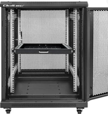 Produktbild von Qoltec Massivstahlregal mit Griff für RACK-Schrank | 600*600 | Ausziehbar | Schwarz