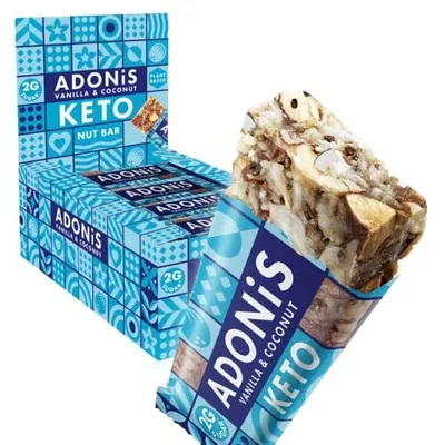 Produktbild von Adonis Keto Riegel Vanille- & Kokosnuss | 16x 35g | Keto Snacks | Vegan & 100% natürlich | Low Carb Bar