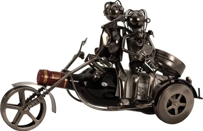Produktbild von Moderner Wein Flaschenhalter Flascchenständer Paar auf Motorrad aus Metall in silber Höhe 20 cm