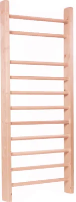 A wooden wall bar, also known as a stall bar or Swedish ladder, is shown against a white background.