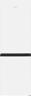 A white refrigerator with a black handle or trim.