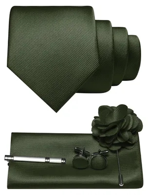 Image de Ensemble de cravates pour hommes comprenant une cravate, un mouchoir de poche, des boutons de manchette, une pince à cravate et une broche fleur, de couleur vert olive