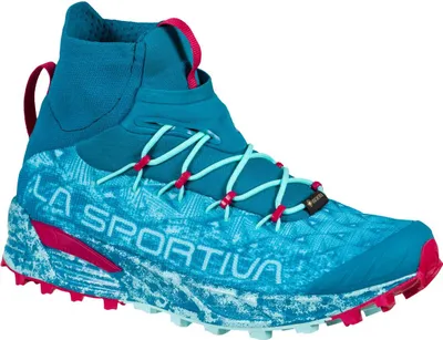 Trailrunning-Schuhe für Damen in Türkis mit pinken Akzenten von La Sportiva; Modell Uragano Woman GTX.