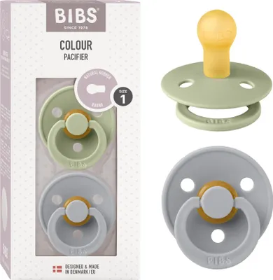 Produktbild von BIBS Colour Schnuller 2er-Pack, BPA-frei, Kirschform Nippel. Naturkautschuk / Latex, Hergestellt in Dänemark. Größe 1 (0-6 Monate), Sage / Cloud