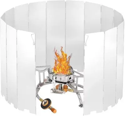 Zdjęcie produktu dla Ibenzoa® Składany osłona przeciwwiatrowa z aluminium do kuchenek gazowych i pieców opalanym drewnem – 134 x 24 cm, 16 wymiennych elementów, wbudowane kołki do mocowania w ziemi, lekka stop aluminium, torba transportowa