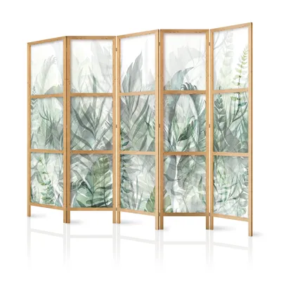 Produktbild von Paravent XXL 225x171 cm 5-teilig einseitig eleganter Sichtschutz Raumteiler Trennwand Raumtrenner Holz Design Motiv Deko Home Office grüne Blätter Botanik b-A-0696-bh-b